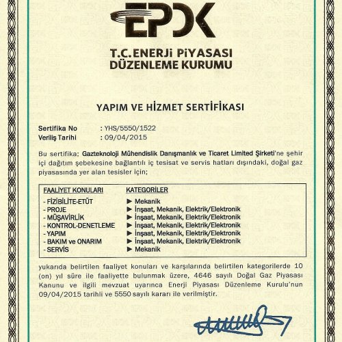 Yapım ve Hizmet Sertifikası